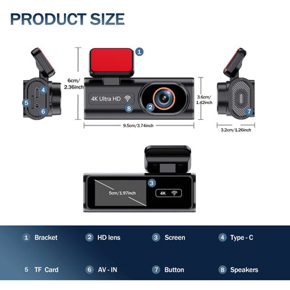 Measurement chart of a car SnapiDual Wireless Dashcam with labeled parts and dimensions.