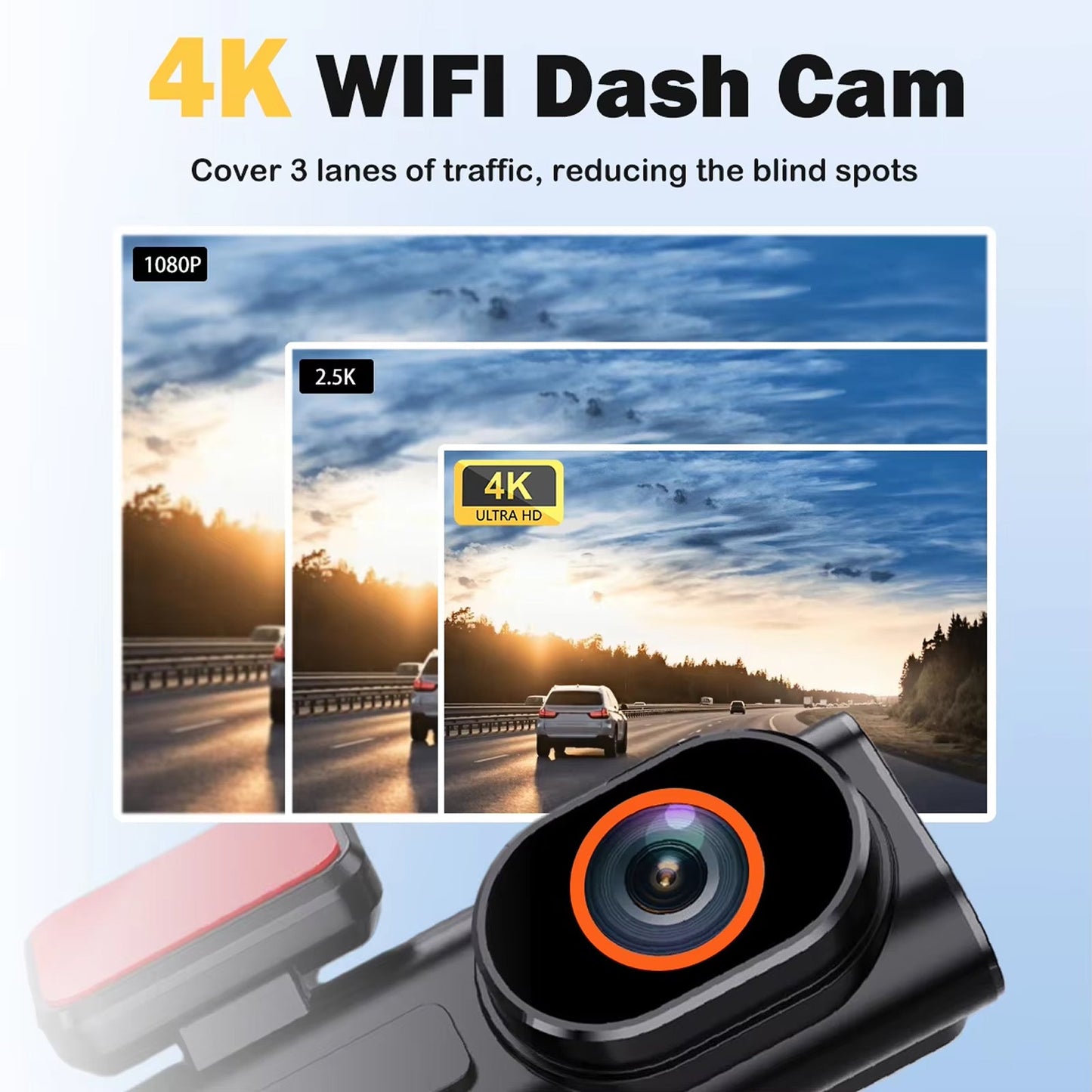 4K WiFi SnapiDual Wireless Dashcam with images of road scenes and camera details on a light blue background