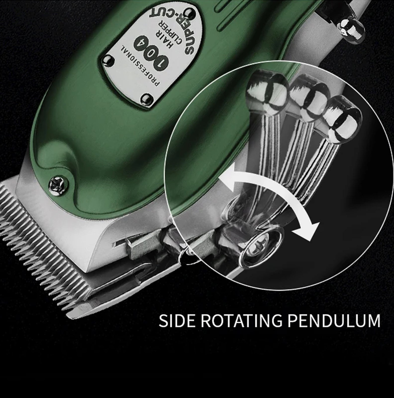 Green and Snipawsi Pet Hair Clippers with close-up of side rotating pendulum on a black background