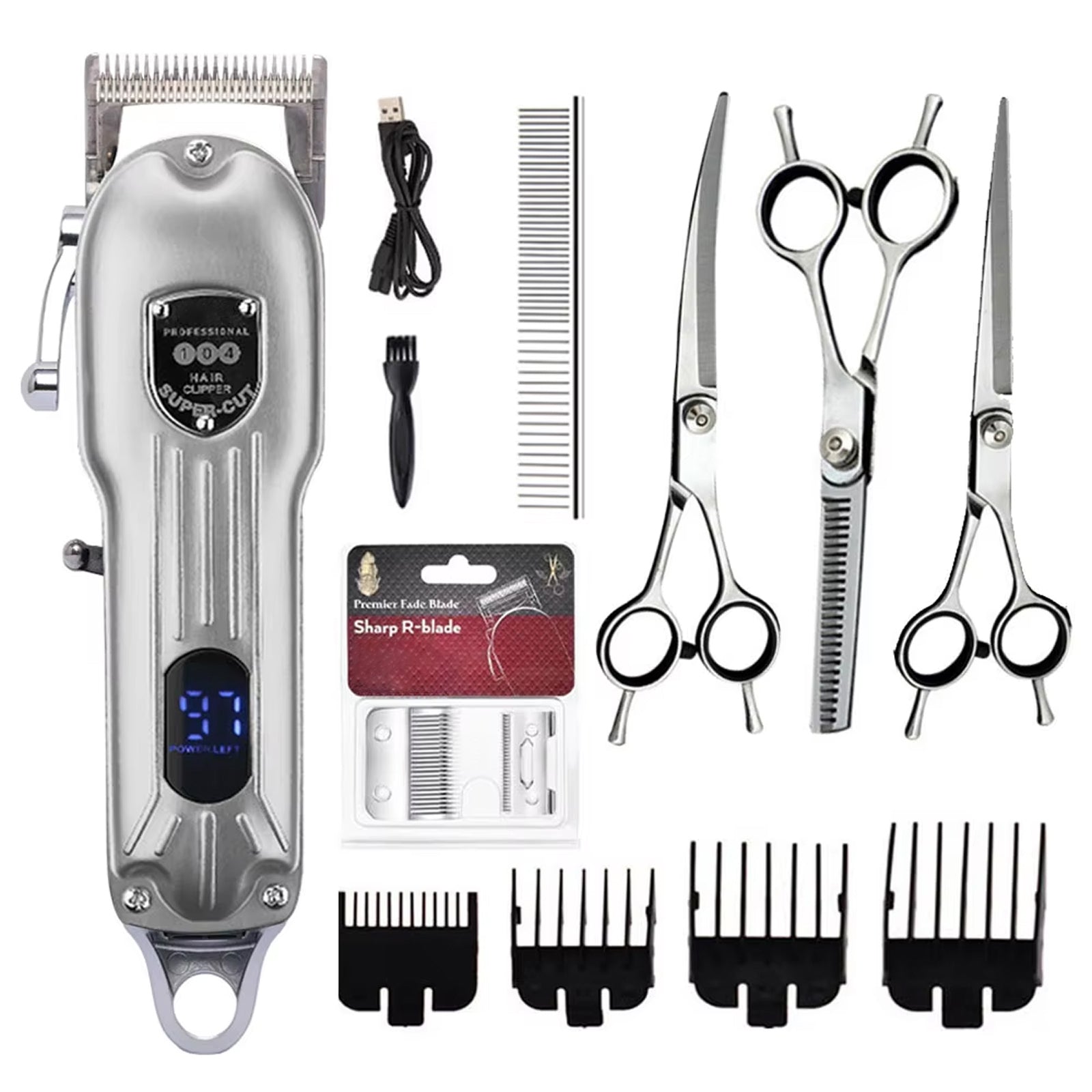 Snipawsi Pet Hair Clippers with clipper, scissors, and attachments on a white background