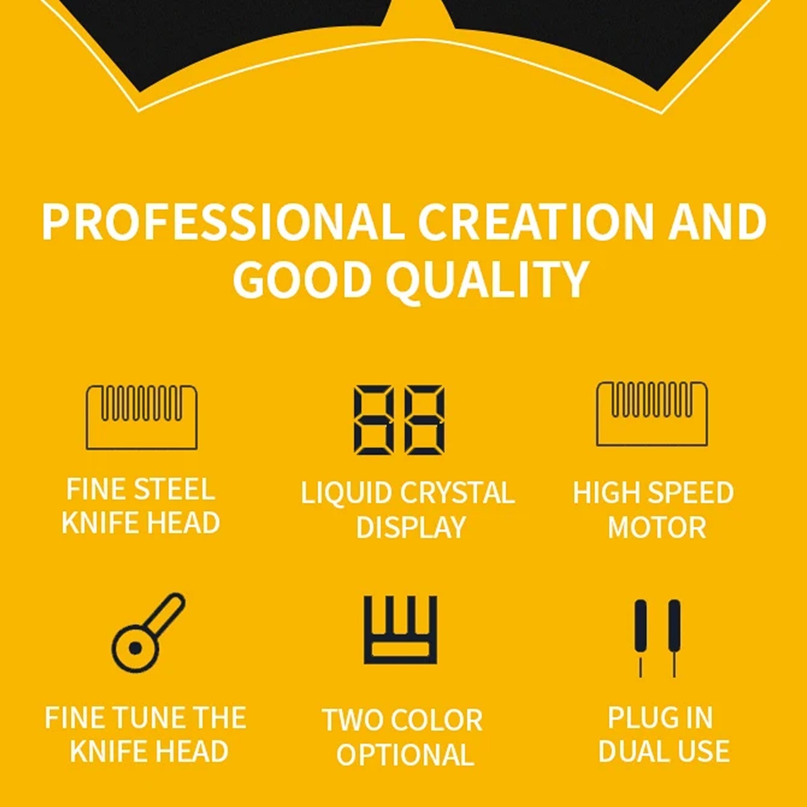 Snipawsi Pet Hair Clippers features with icons and text on a yellow background
