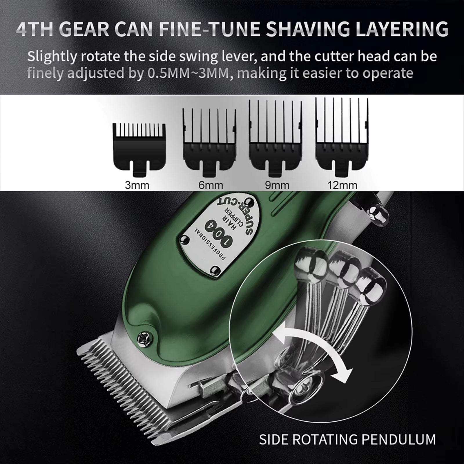 Snipawsi Pet Hair Clippers with adjustable blades and text explaining its features on a dark background