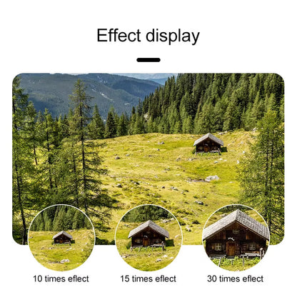 Scenic view of a forested area with a cabin, showing different zoom levels.