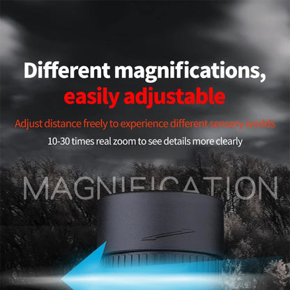 Black magnifying SoceScope Monocular with text about adjustable magnifications on a dark background