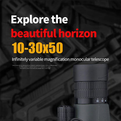 SoceScope Monocular with text 'Explore the beautiful horizon 10-30x50' on a dark background