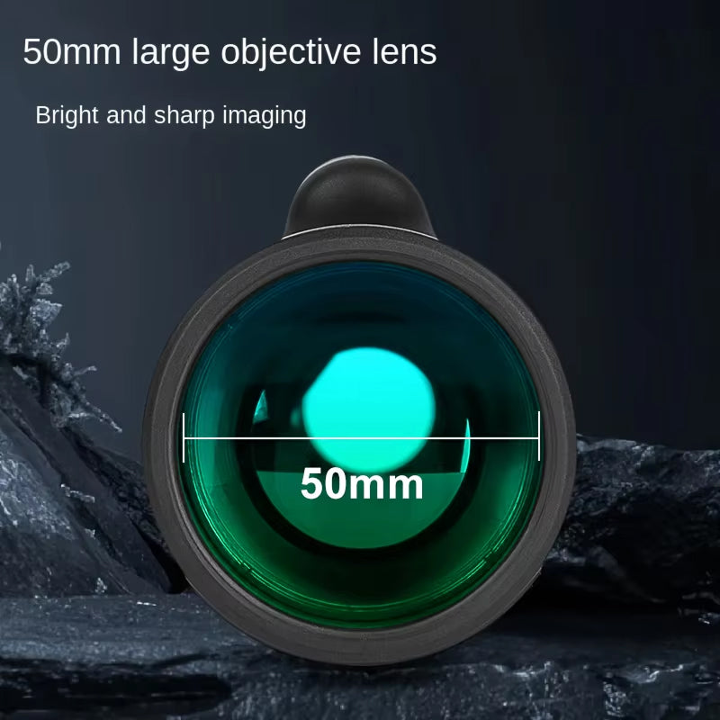 50mm large objective lens with bright and sharp imaging text on a dark background