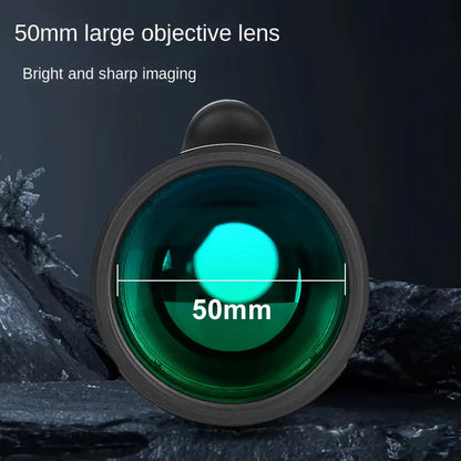 50mm large objective lens with bright and sharp imaging text on a dark background