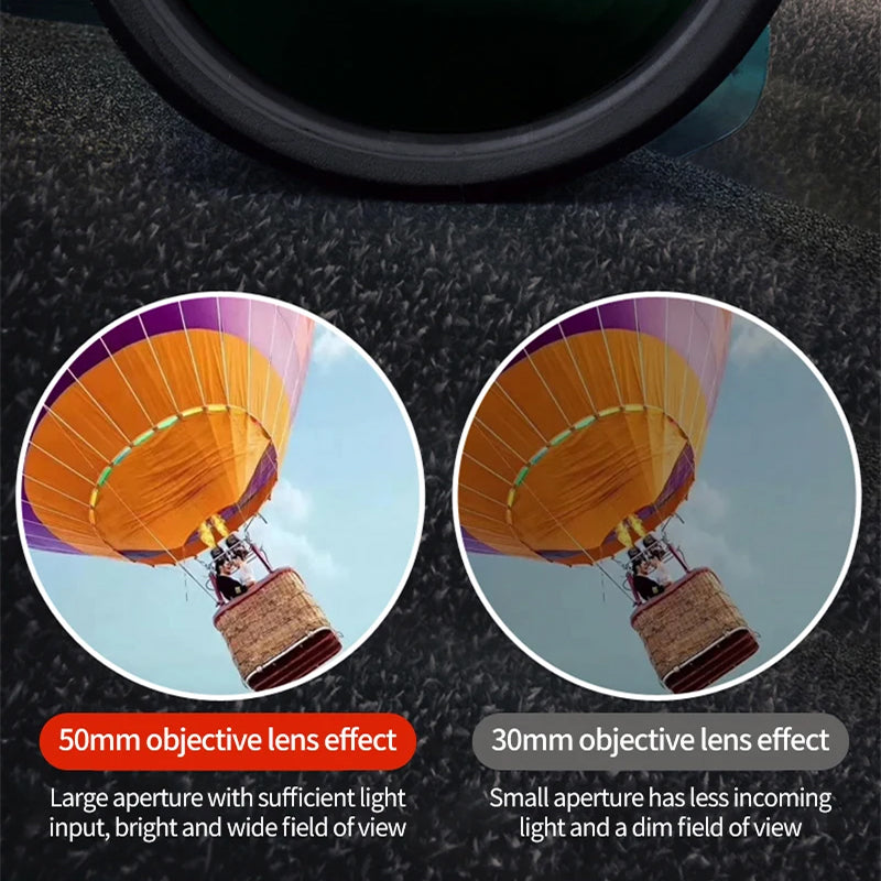 Comparison of 50mm and 30mm objective lens effects on a hot air balloon image.