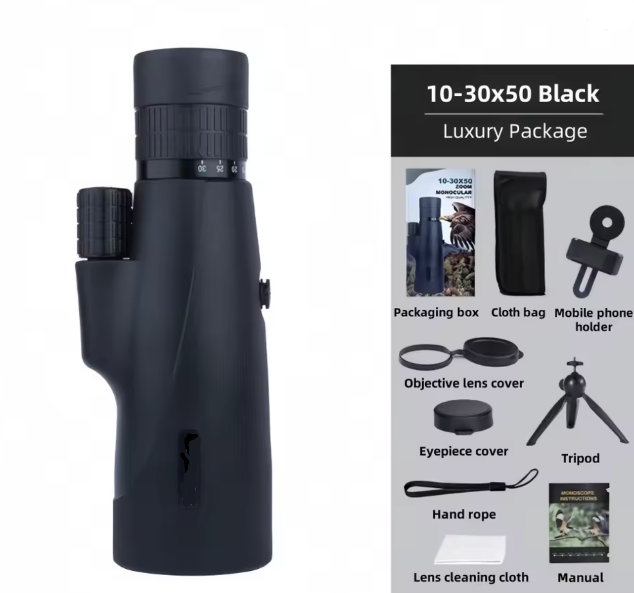 Black SoceScope Monocular with packaging and accessories on a white background