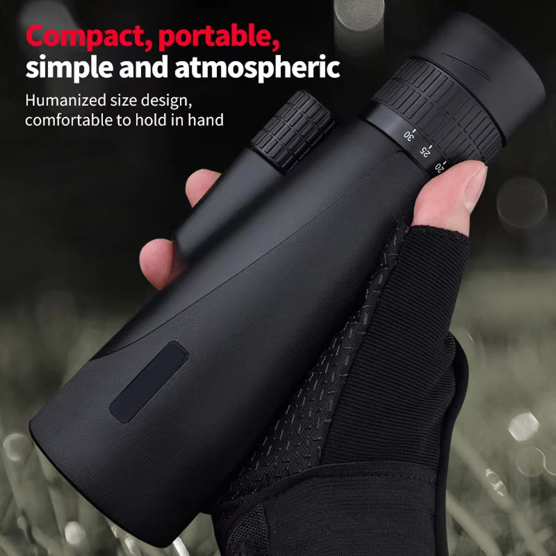 Black SoceScope Monocular held in a hand with text describing its features