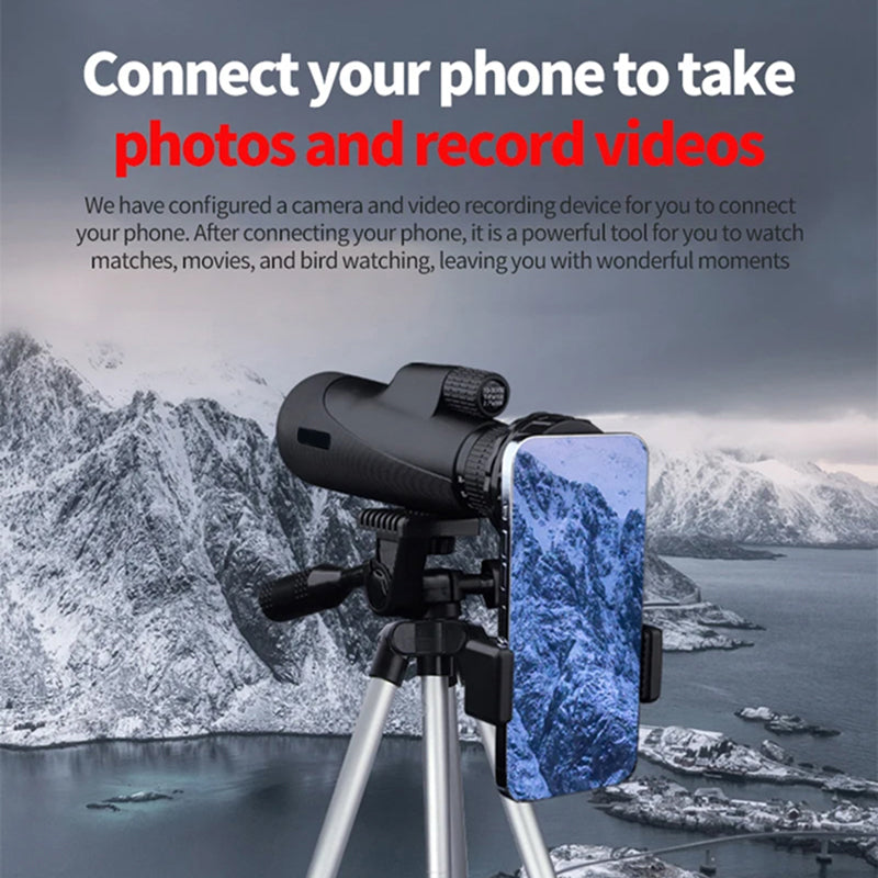 Camera and video recording device with phone on tripod against a mountainous landscape background