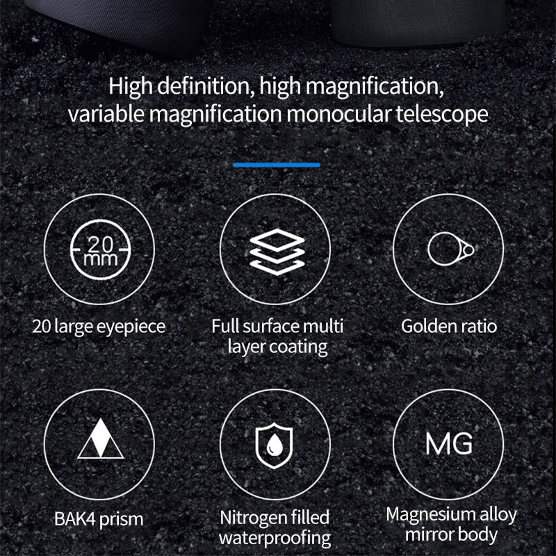 Features of a high definition, high magnification SoceScope Monocular on a dark background.