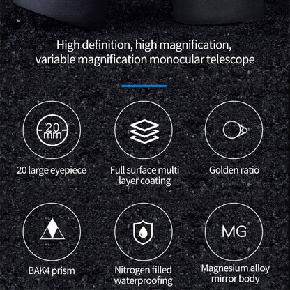 Features of a high definition, high magnification SoceScope Monocular on a dark background.