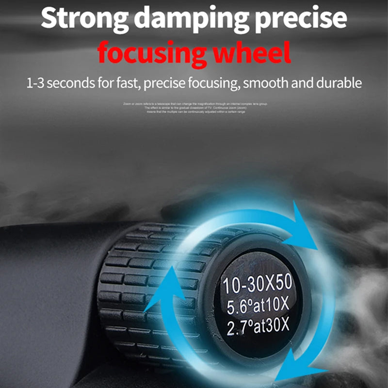 Focusing wheel with text highlighting its features on a dark background