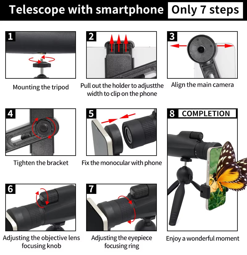 Step-by-step guide on how to use a SoceScope Monocular with a smartphone, including mounting the tripod and aligning the camera.