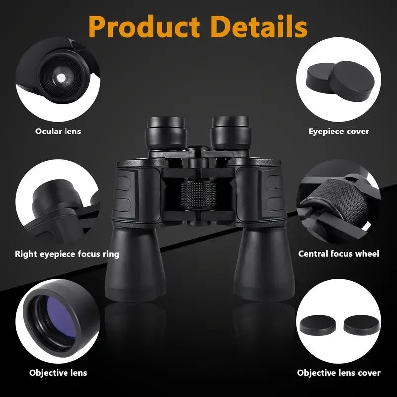 Black Sovere High Magnification Binoculars with labeled parts on a dark background
