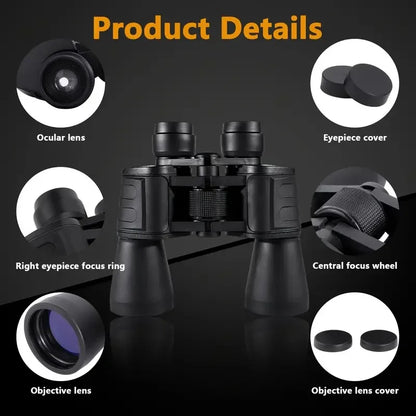 Black Sovere High Magnification Binoculars with labeled parts on a dark background