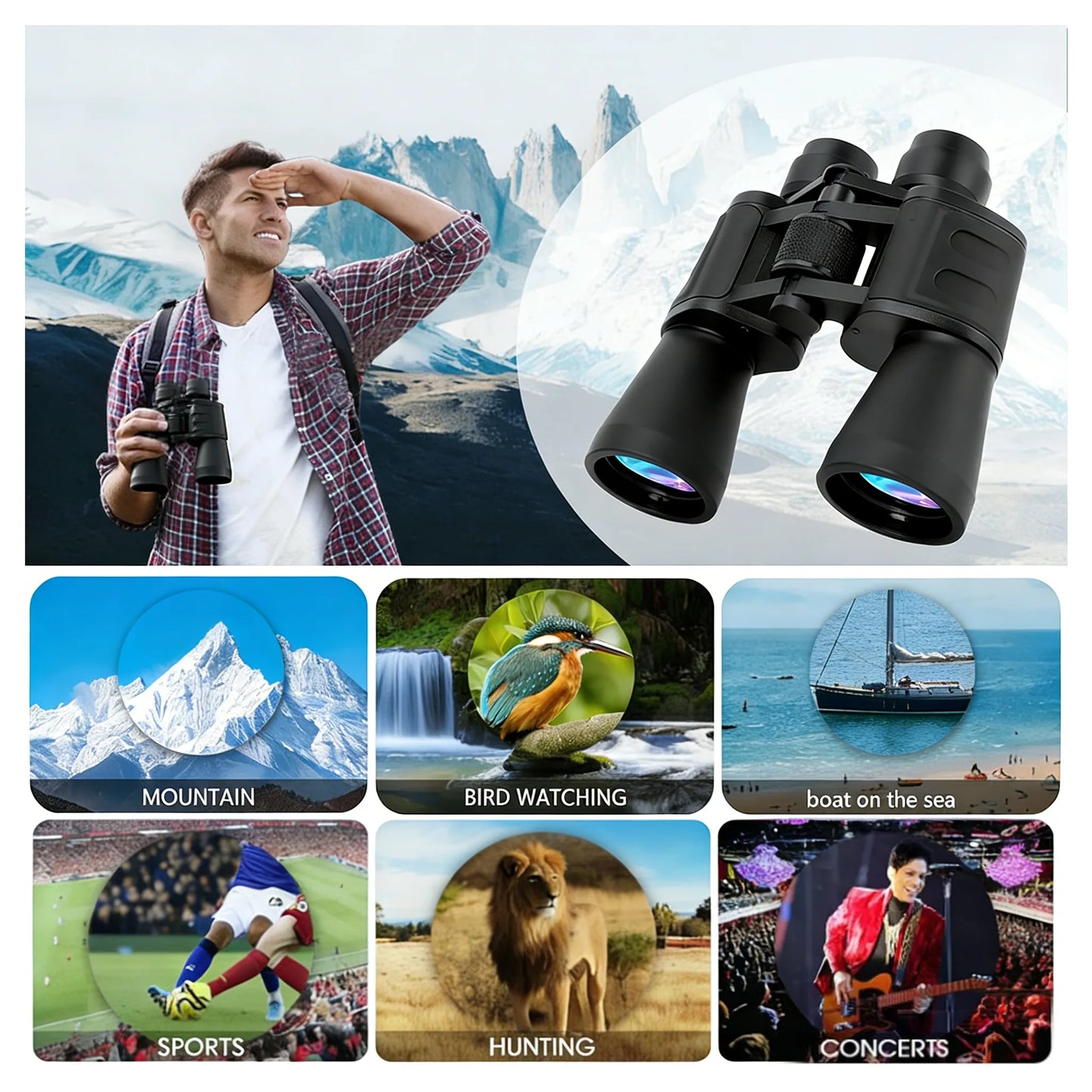 Collage of a person using Sovere High Magnification Binoculars with scenic and activity-themed images.