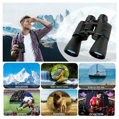 Collage of a person using Sovere High Magnification Binoculars with scenic and activity-themed images.