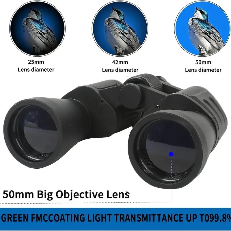 Sovere High Magnification Binoculars with 50mm lens diameter and close-up views of different lens sizes on a white background.