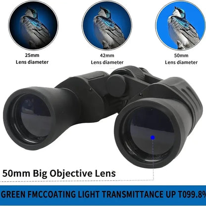 Sovere High Magnification Binoculars with 50mm lens diameter and close-up views of different lens sizes on a white background.