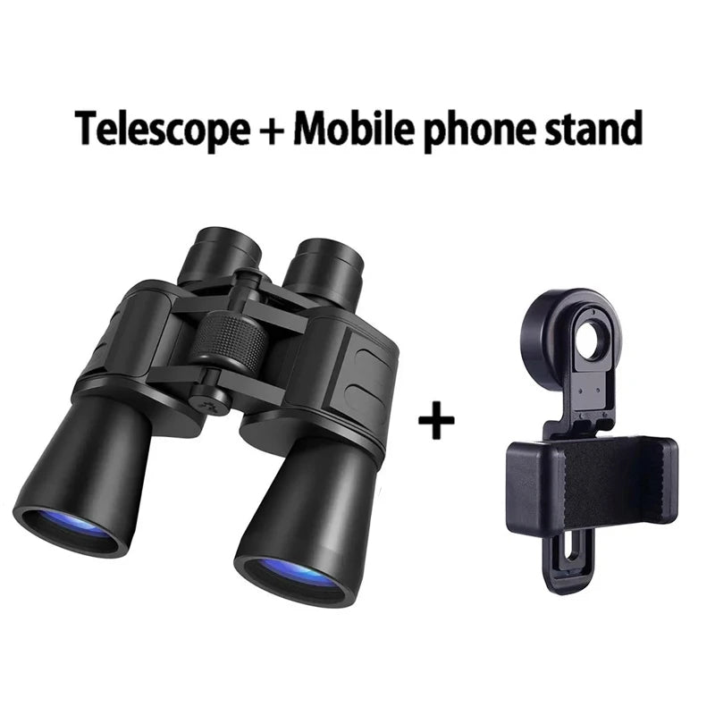 Black Sovere High Magnification Binoculars and phone stand on a white background with text 'Telescope + Mobile phone stand'.