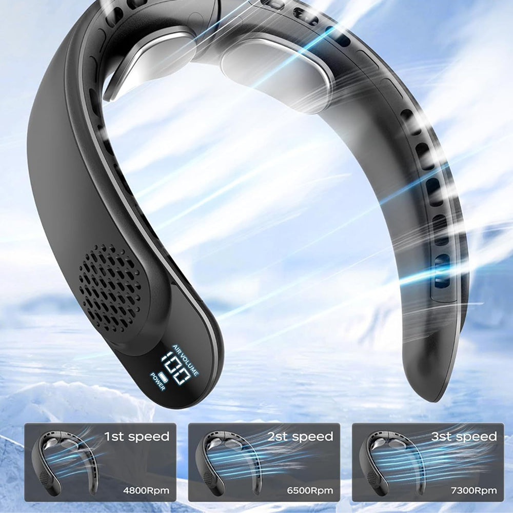 Black NeckyKool Bladeless Neck Fan with digital display on a blue gradient background
