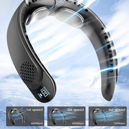 Black NeckyKool Bladeless Neck Fan with digital display on a blue gradient background