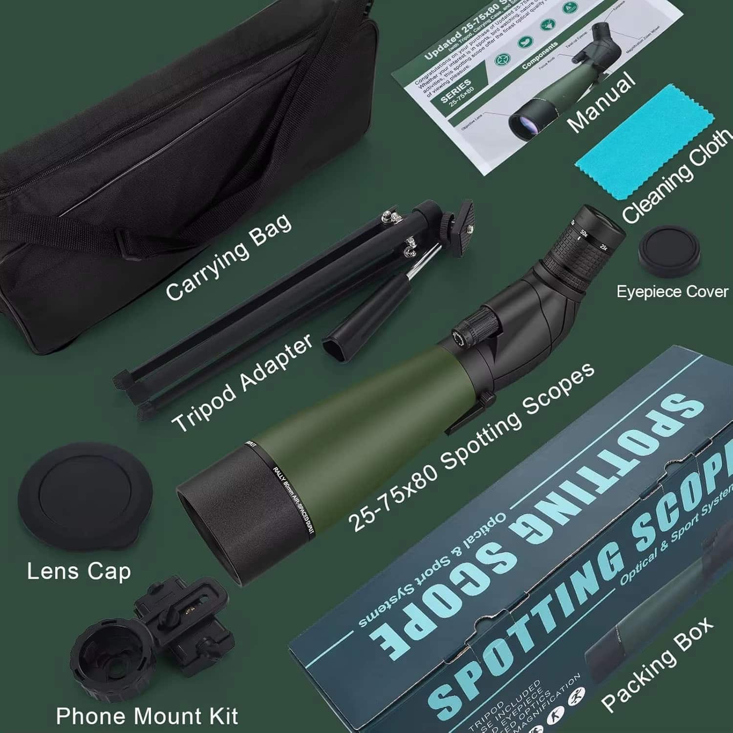 Spektella Spotting Scope with accessories on a green background