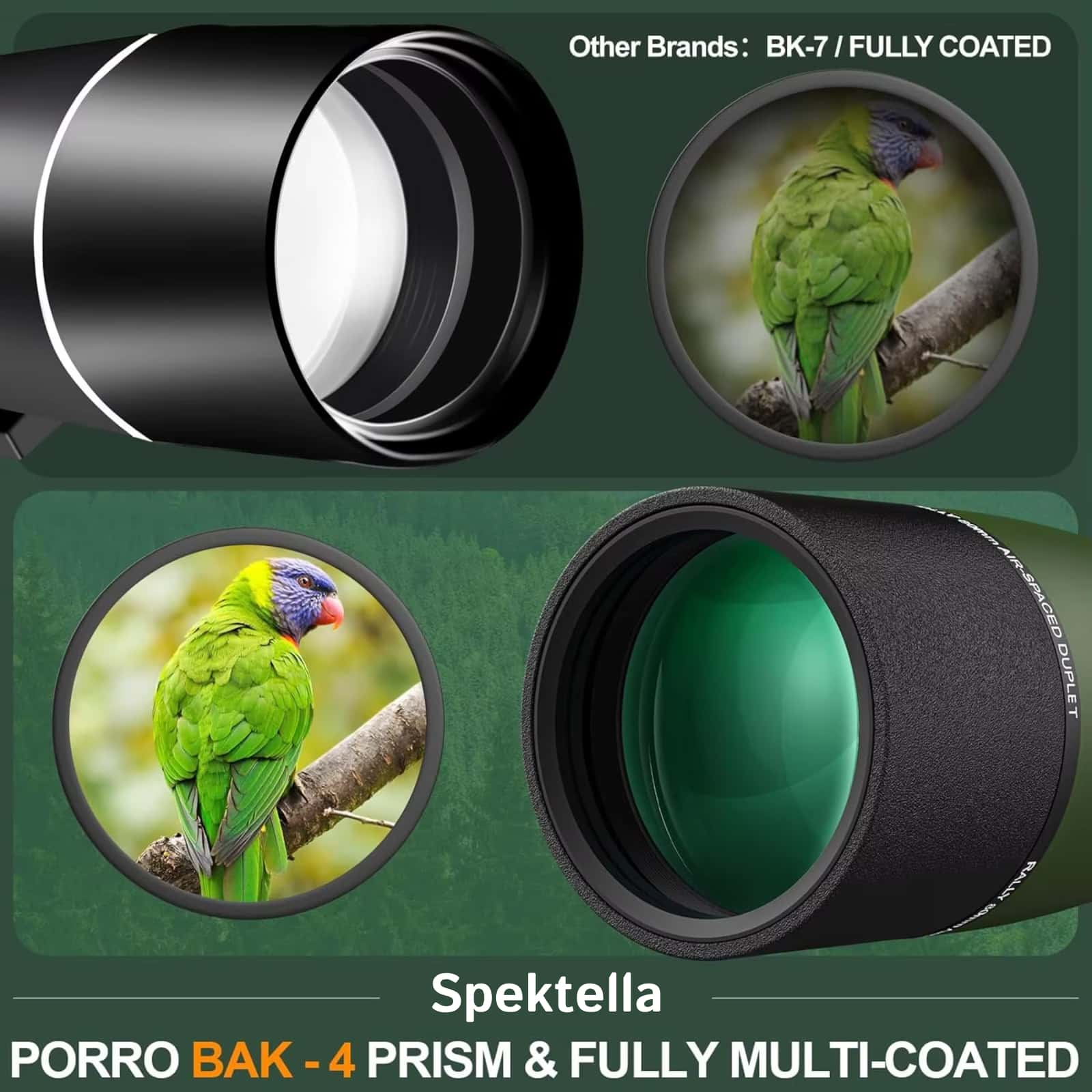 Spektella Spotting Scope BAK-4 prism with fully multi-coated glass on a green background, showing images of a parrot.