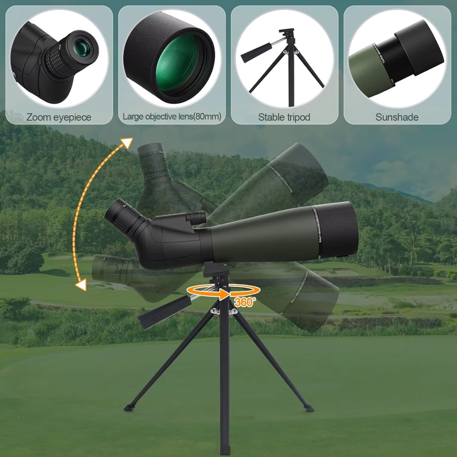 Spektella Spotting Scope with zoom eyepiece, large objective lens, stable tripod, and sunshade on a green landscape background.
