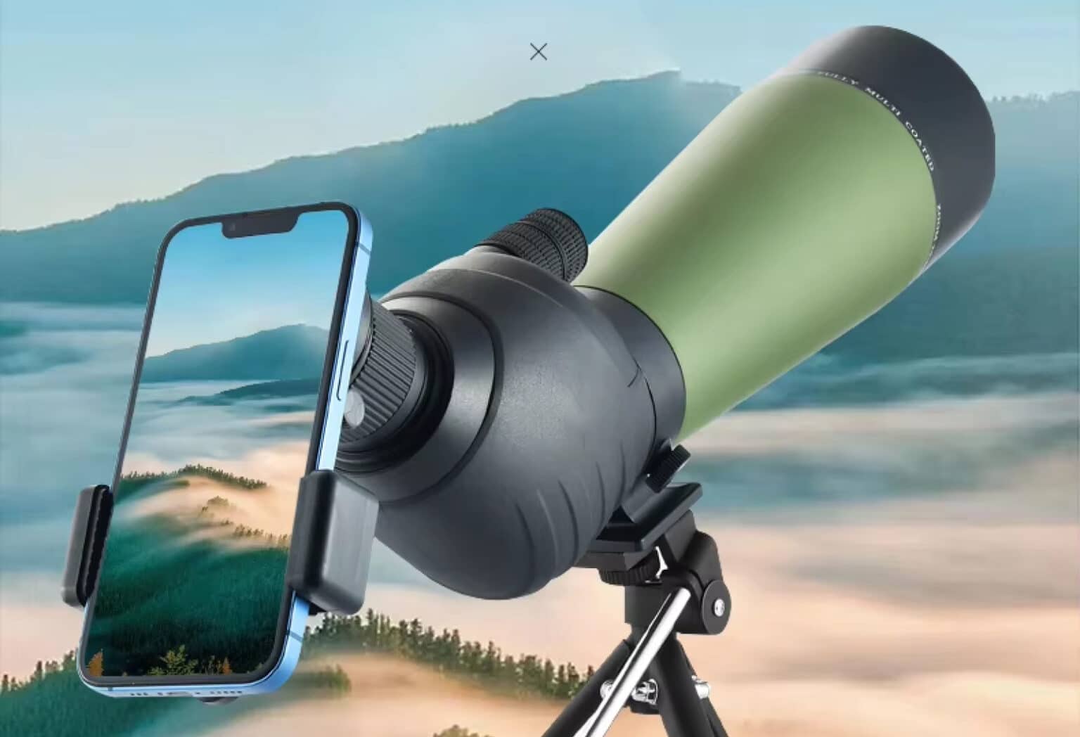 Spektella Spotting Scope with smartphone holder displaying a scenic view of mountains.