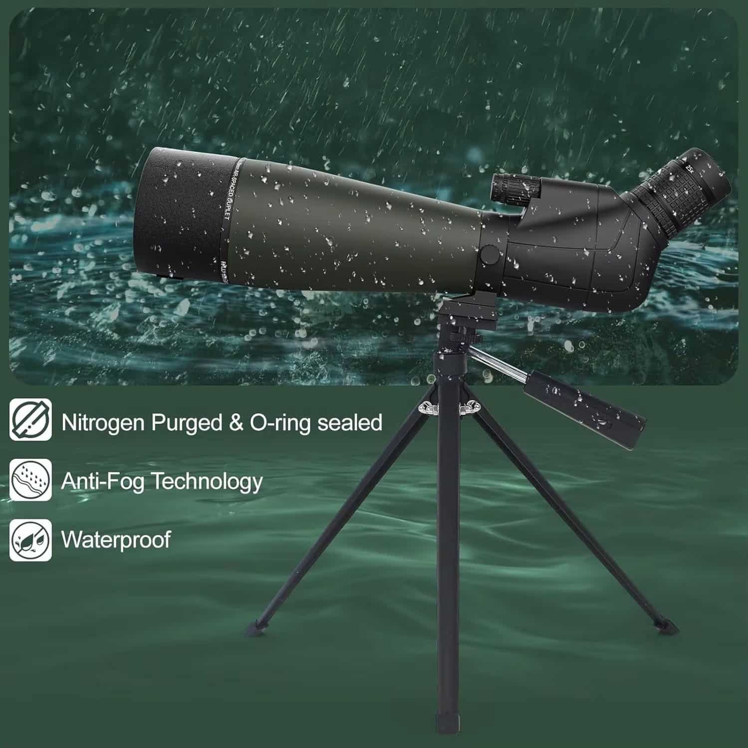 Spektella Spotting Scope on a tripod with water droplets against a green background