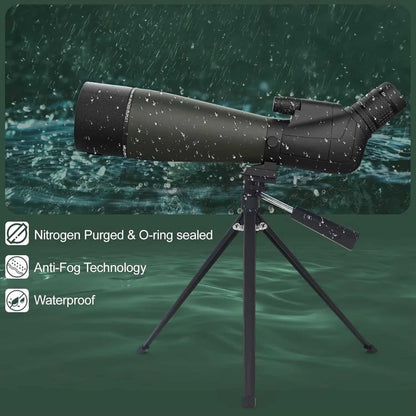Spektella Spotting Scope on a tripod with water droplets against a green background