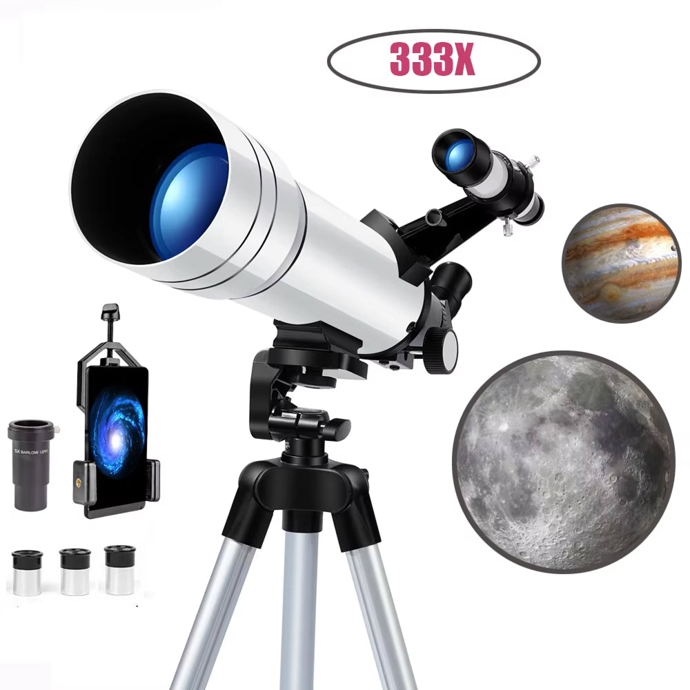 StariBud Telescope with accessories on a white background, showing celestial images.