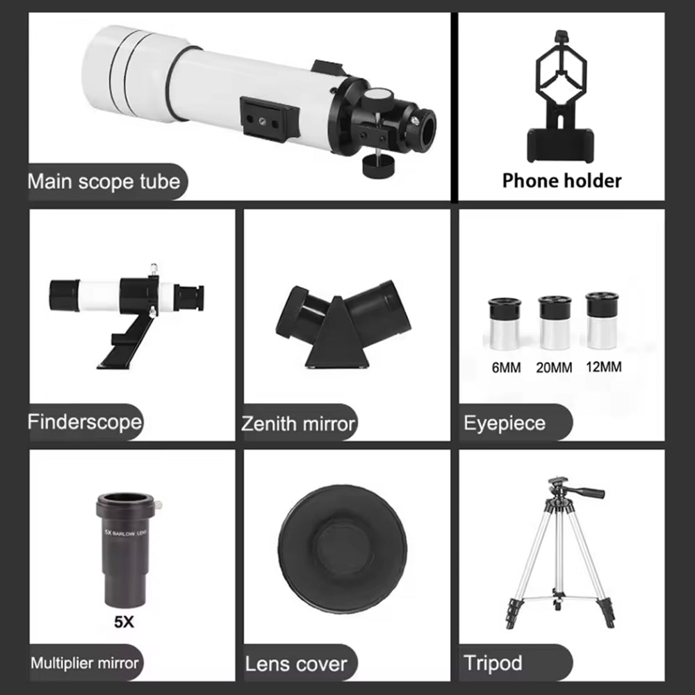 StariBud Telescope components including main scope tube, phone holder, finderscope, zenith mirror, eyepiece, multiplier mirror, lens cover, and tripod on a white background.