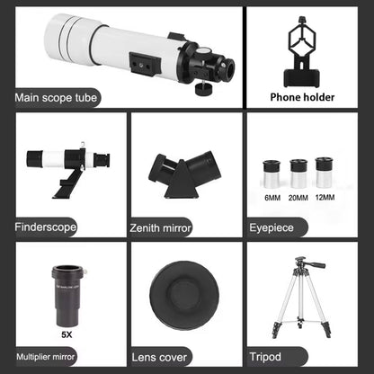 StariBud Telescope components including main scope tube, phone holder, finderscope, zenith mirror, eyepiece, multiplier mirror, lens cover, and tripod on a white background.