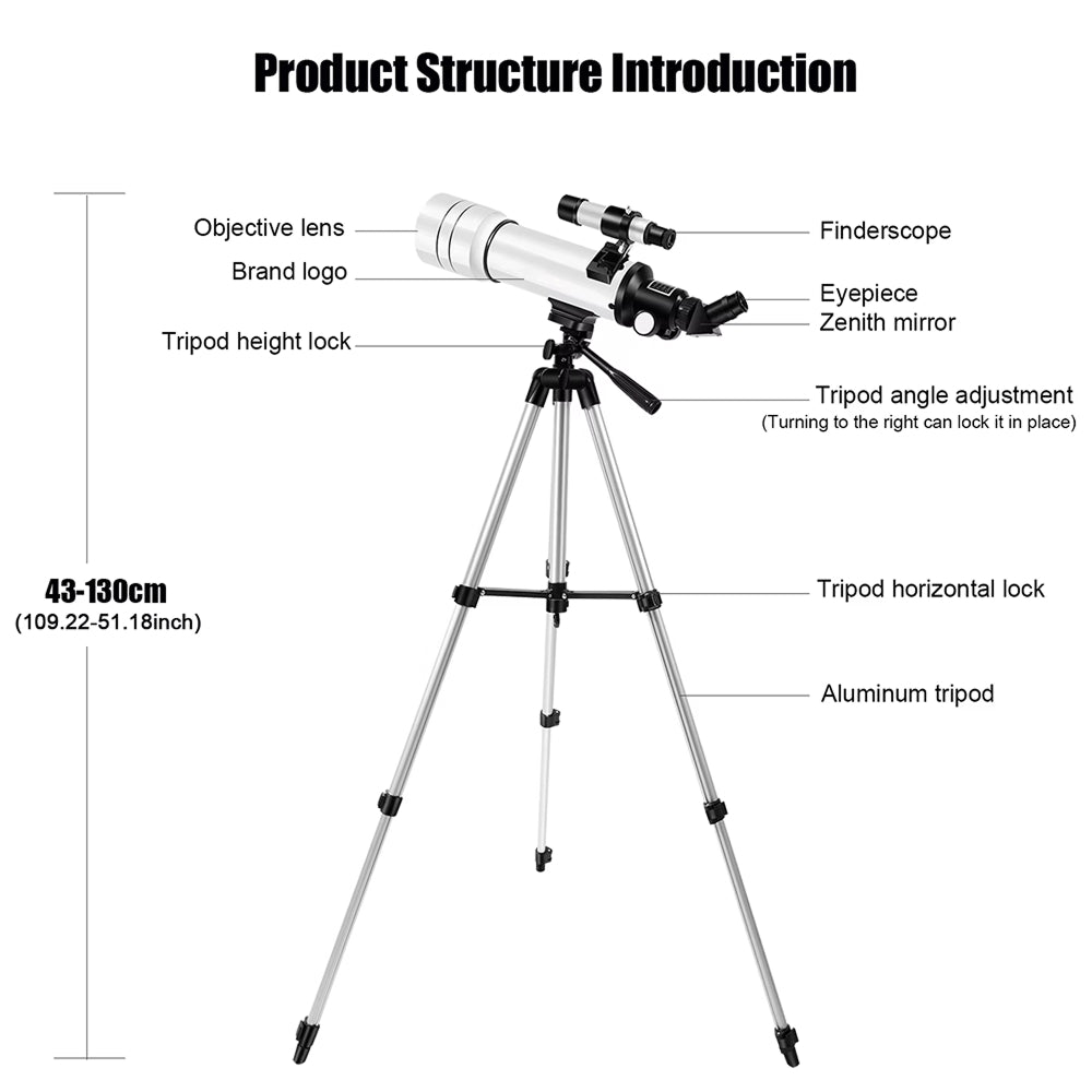 StariBud Telescope with labeled parts and dimensions on a white background