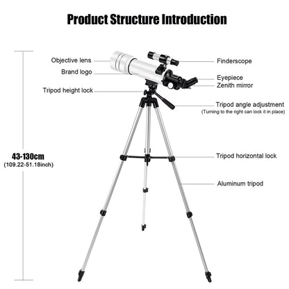 StariBud Telescope with labeled parts and dimensions on a white background