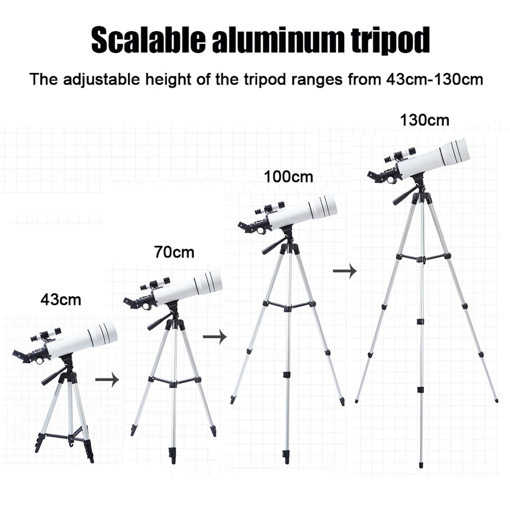 StariBud Telescope with adjustable tripod showing height range from 43cm to 130cm.