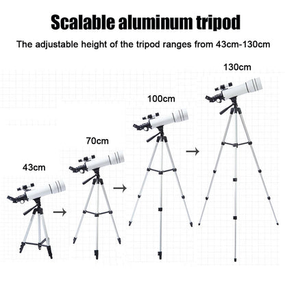 StariBud Telescope with adjustable tripod showing height range from 43cm to 130cm.