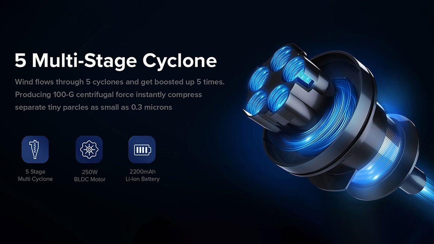 Starpod Vacuum Cleaner Turbocharger with blue accents on a black background, featuring text about multi-stage cyclone technology.