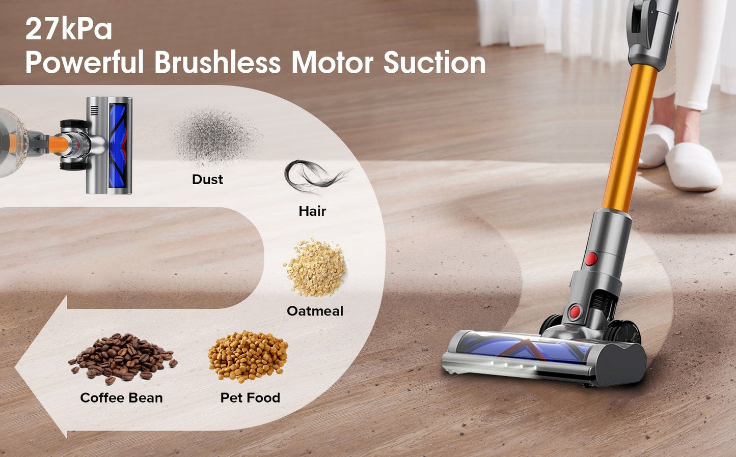 Starpod Vacuum Cleaner with powerful brushless motor suction on a wooden floor, cleaning dust, hair, and debris.