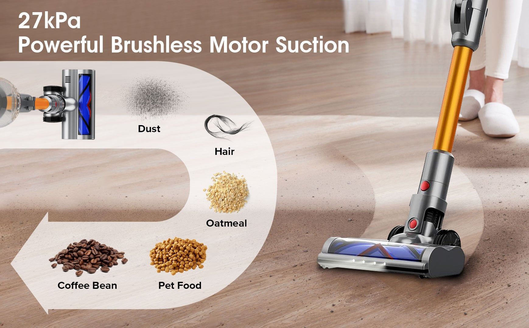 Starpod Vacuum Cleaner with powerful brushless motor suction on a wooden floor, cleaning dust, hair, and debris.