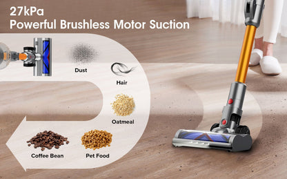 Starpod Vacuum Cleaner with powerful brushless motor suction on a wooden floor, cleaning dust, hair, and debris.
