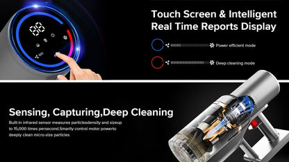 Starpod Vacuum Cleaner with touch screen and intelligent real-time reports display on a black background