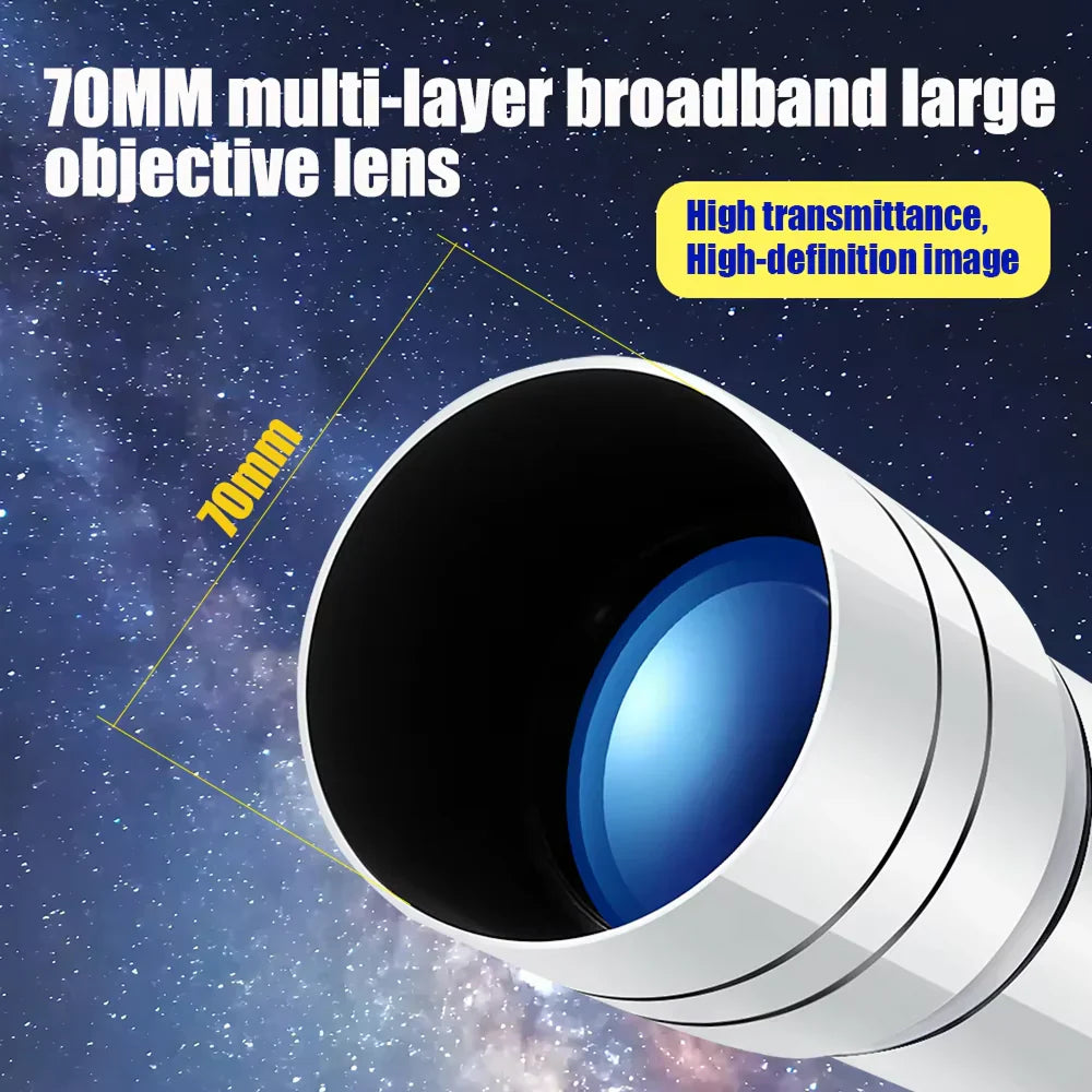 70MM multi-layer broadband large objective lens with space-themed background
