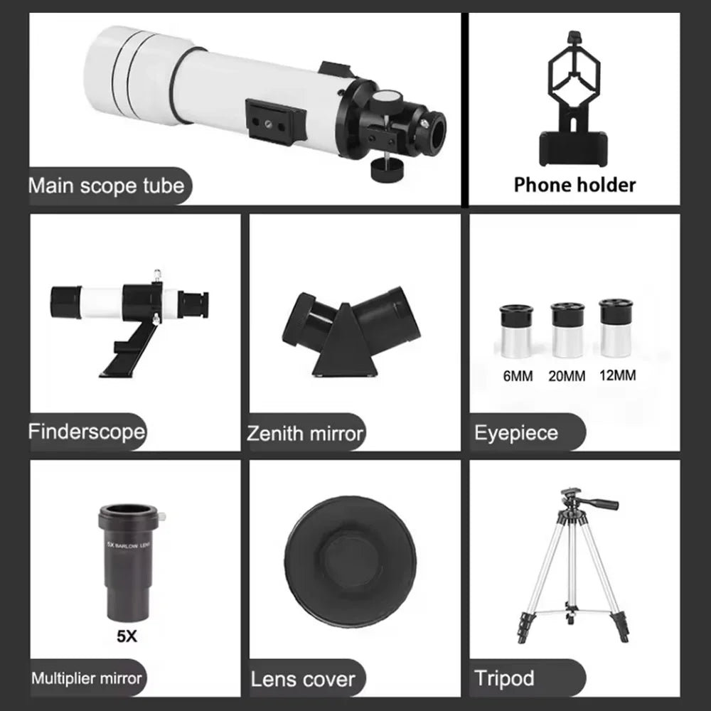 StaryNoxi Telescope components including main scope tube, phone holder, finderscope, zenith mirror, eyepiece, multiplier mirror, lens cover, and tripod on a white background.