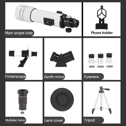 StaryNoxi Telescope components including main scope tube, phone holder, finderscope, zenith mirror, eyepiece, multiplier mirror, lens cover, and tripod on a white background.