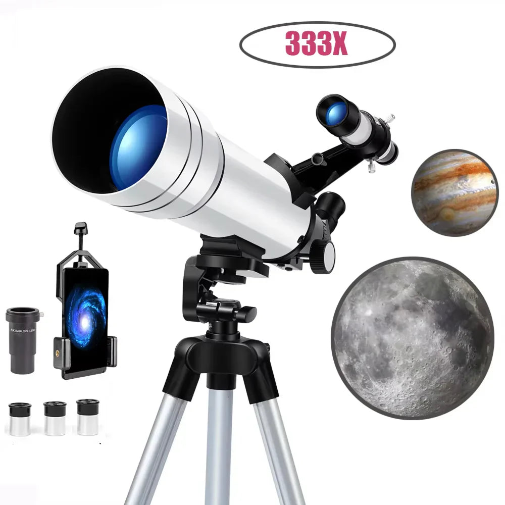 StaryNoxi Telescope with accessories on a white background, showing celestial images.